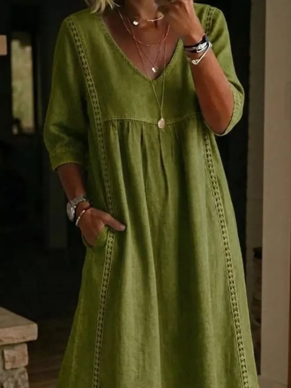 Full Size V-Neck 3/4 Sleeve Midi Dress Plus Size, image 4