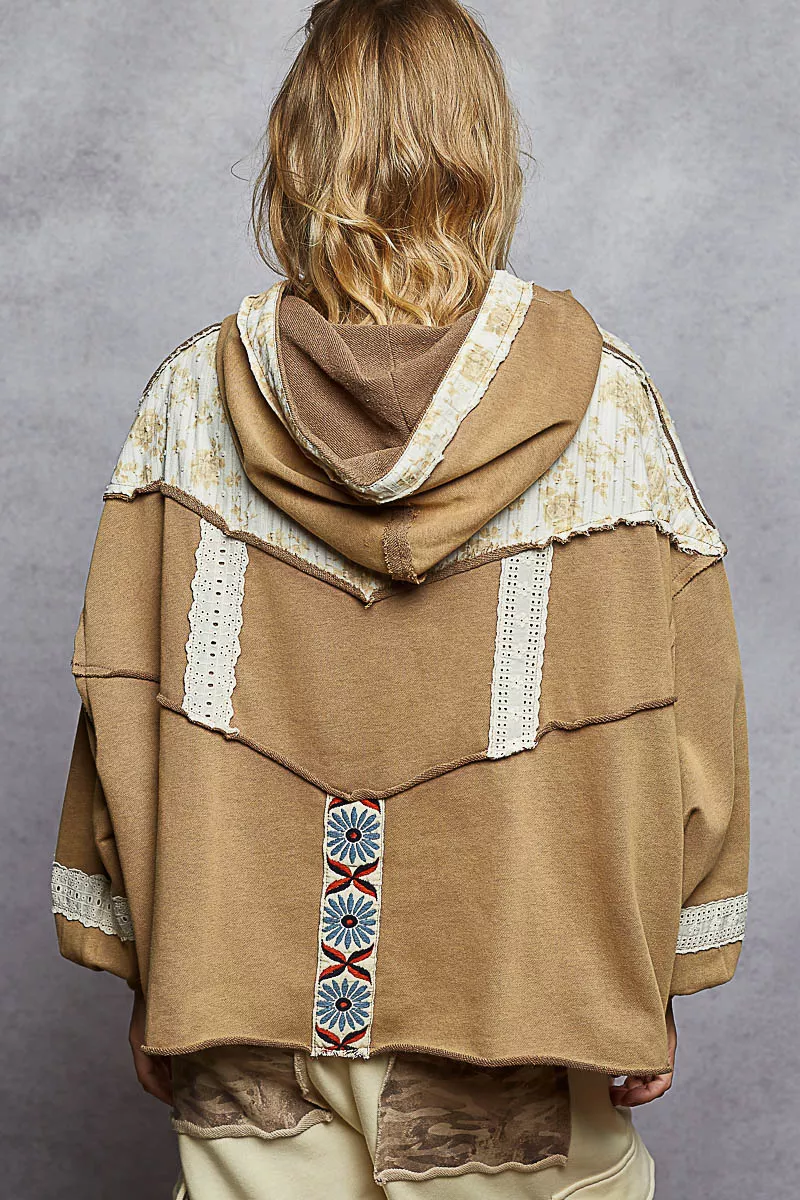 Drawstring French Terry Hoodie with Gauze Print Patch, image 5