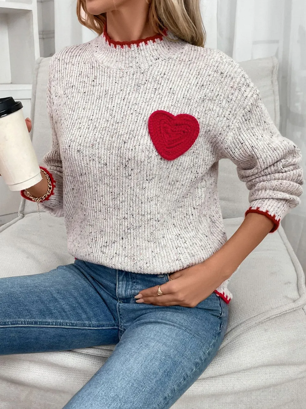 Contrast Heart Round Neck Long Sleeve Sweater, image 3