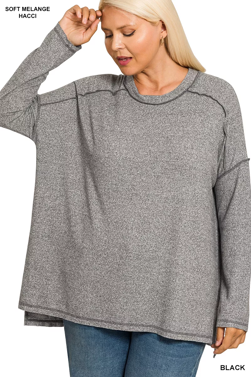 Full Size Melange Hacci Exposed Seam Hi-low Tee Plus Size, image 2