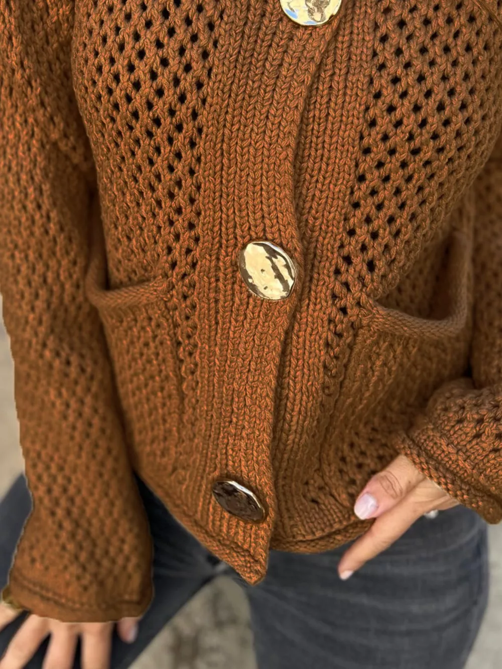 Crochet Button Up Long Sleeve Cardigan, image 9