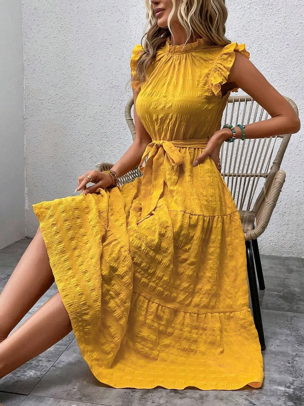 Tied Ruffled Cap Sleeve Midi Dress, image 14