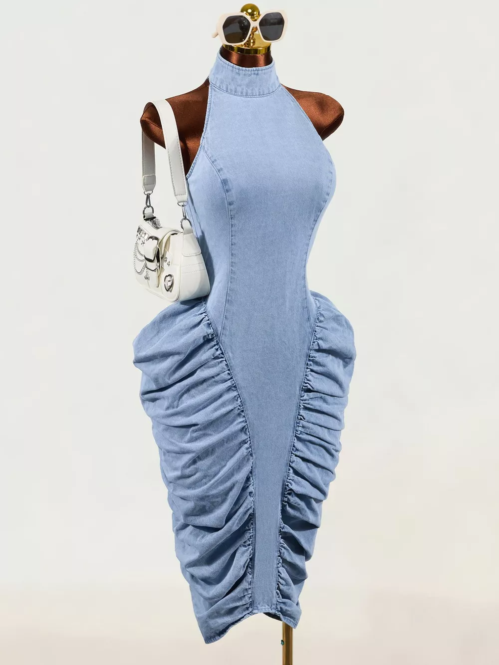 Sleeveless Mock Neck Ruched Bodycon Denim Dress