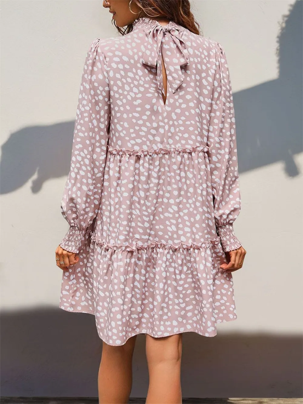 Frill Printed Mock Neck Long Sleeve Mini Dress, image 4