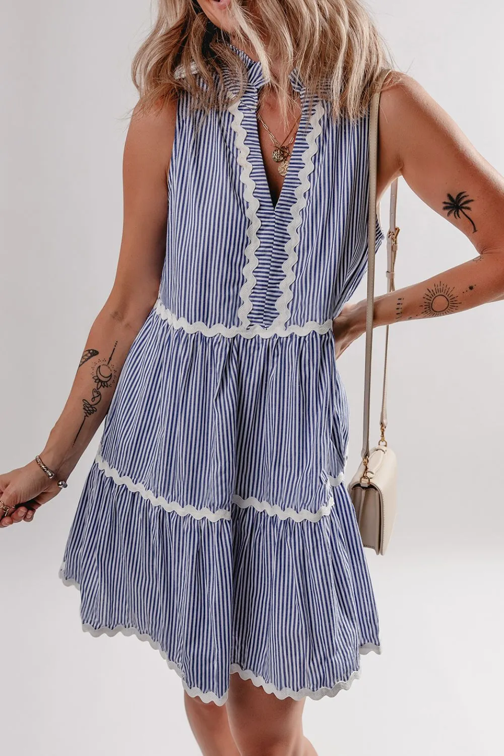Stripe Sleeveless Notched Ric Rac Mini Dress, image 6
