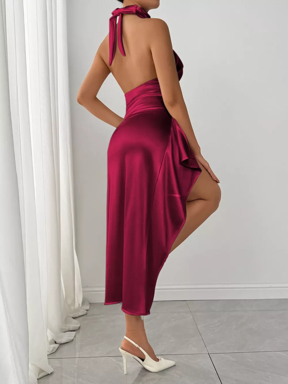 Halter Neck High Slit Satin Dress, image 9