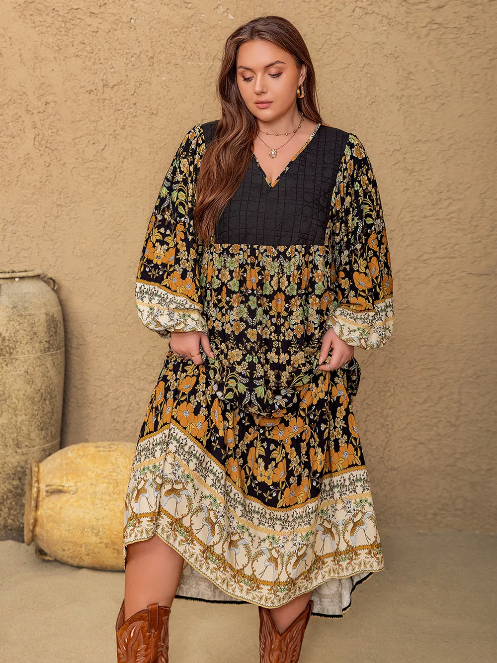 Plus Size Floral V-Neck Balloon Sleeve Midi Dress, image 3