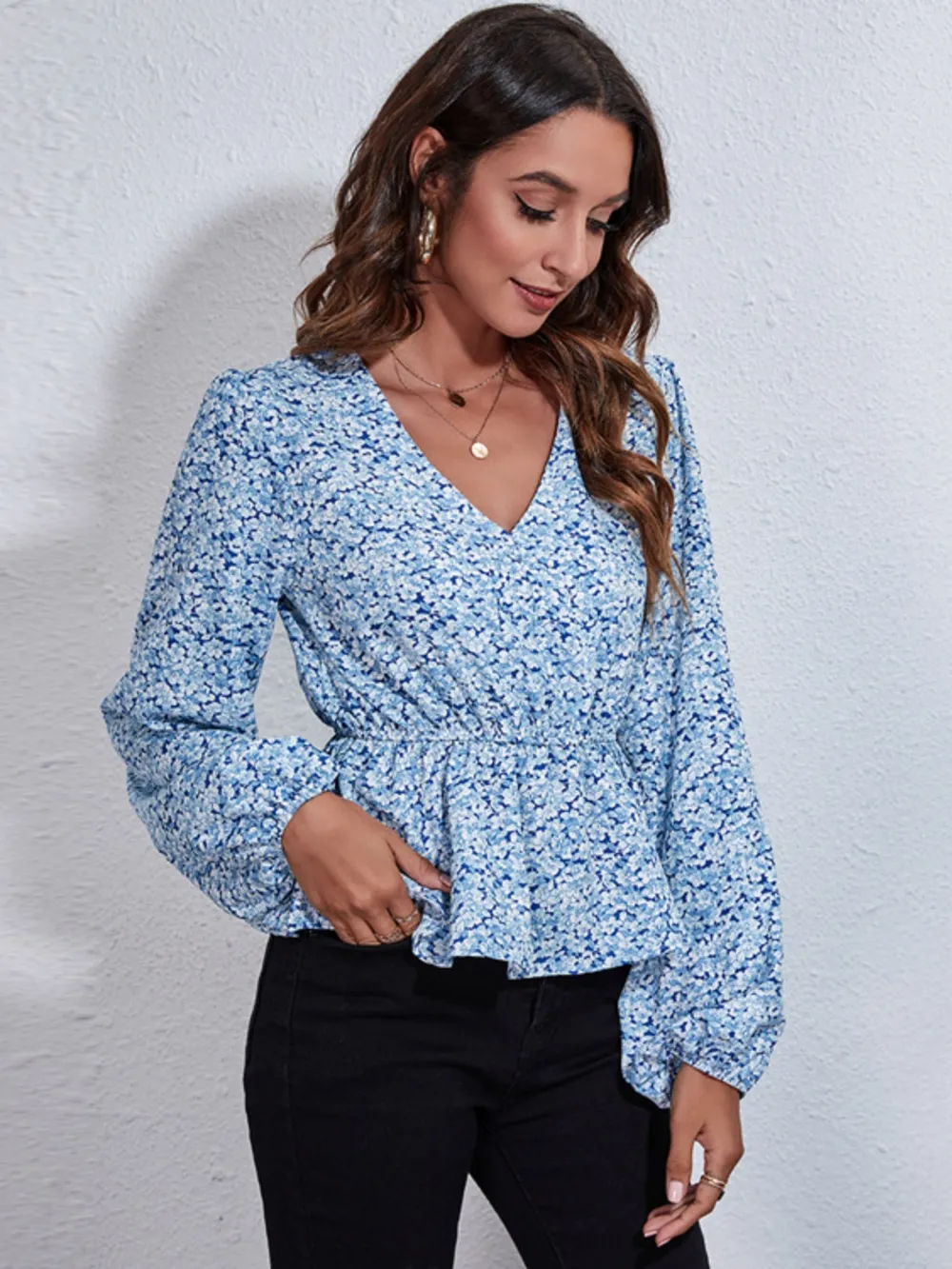 Ruched Printed V-Neck Long Sleeve Blouse, image 12