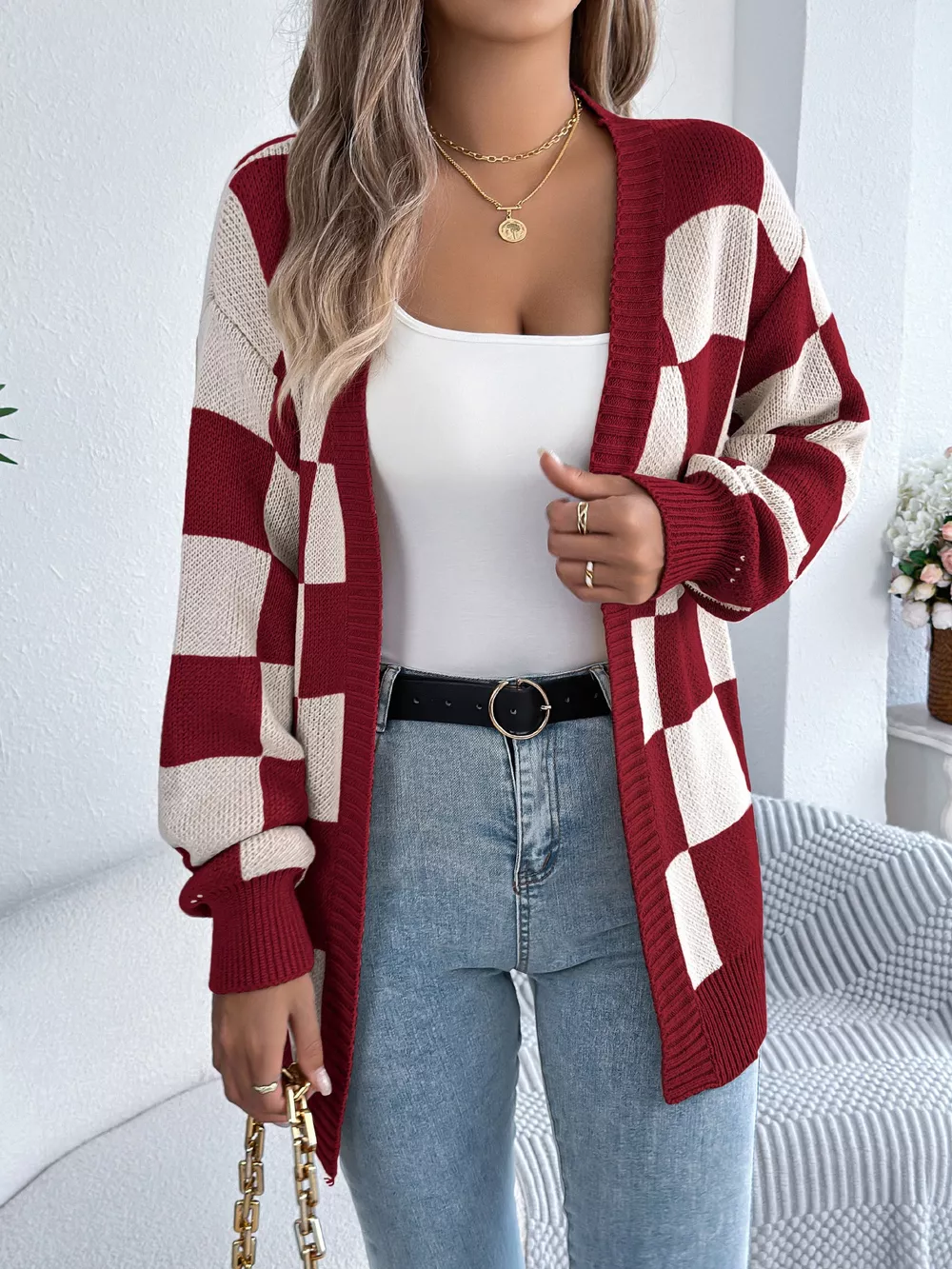 Checkered Pattern Open Front Cardigan, image 6