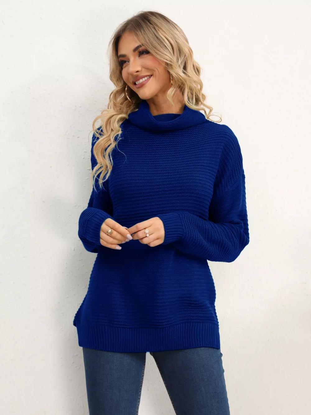 Slit Turtleneck Dropped Shoulder Sweater, image 31
