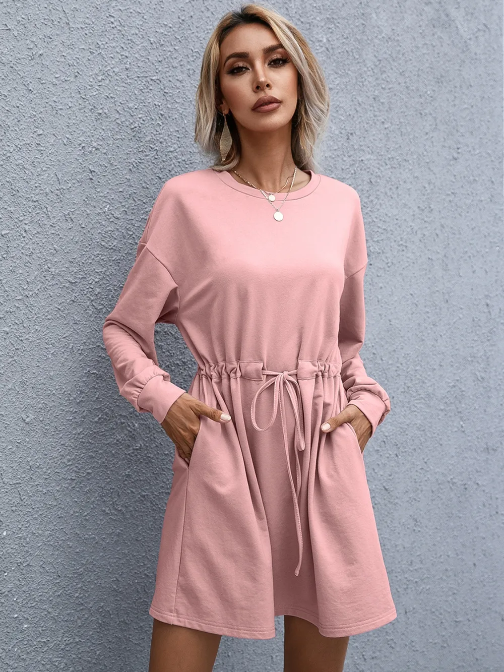 Drawstring Round Neck Dropped Shoulder Mini Dress, image 16