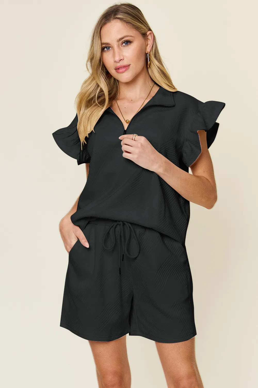 Full Size Texture Flounce Sleeve Top and Drawstring Shorts Set, image 18