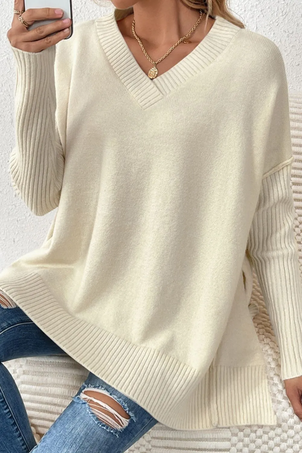 Slit V-Neck Dropped Shoulder Sweater, image 14