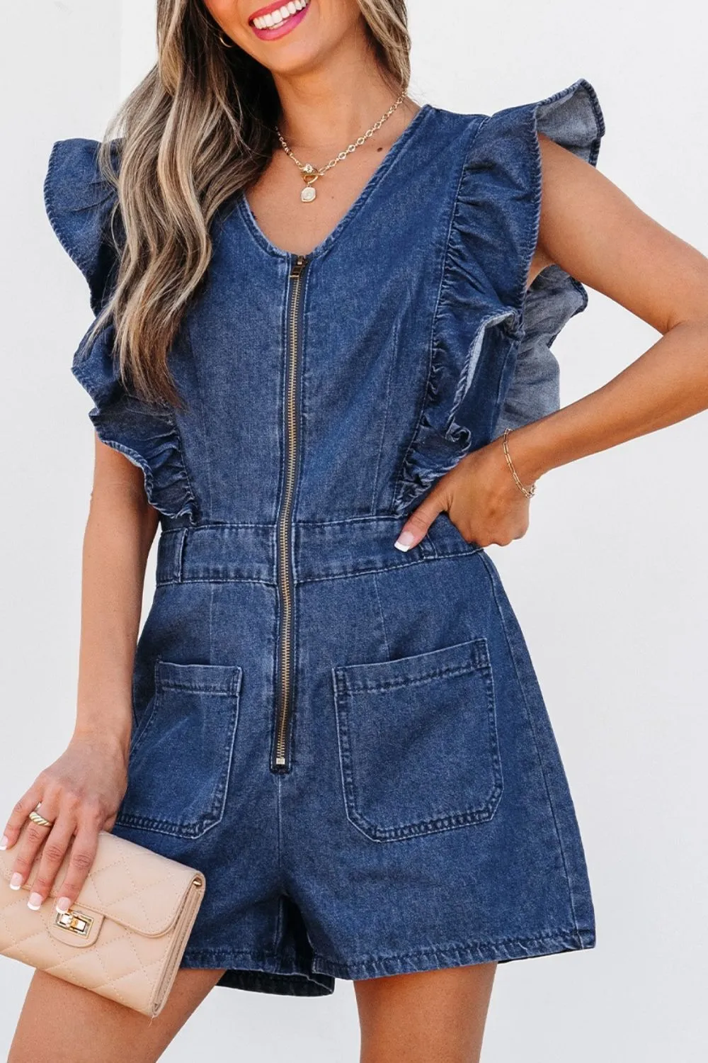Denim Ruffled Zipped Front Belted Romper, image 4