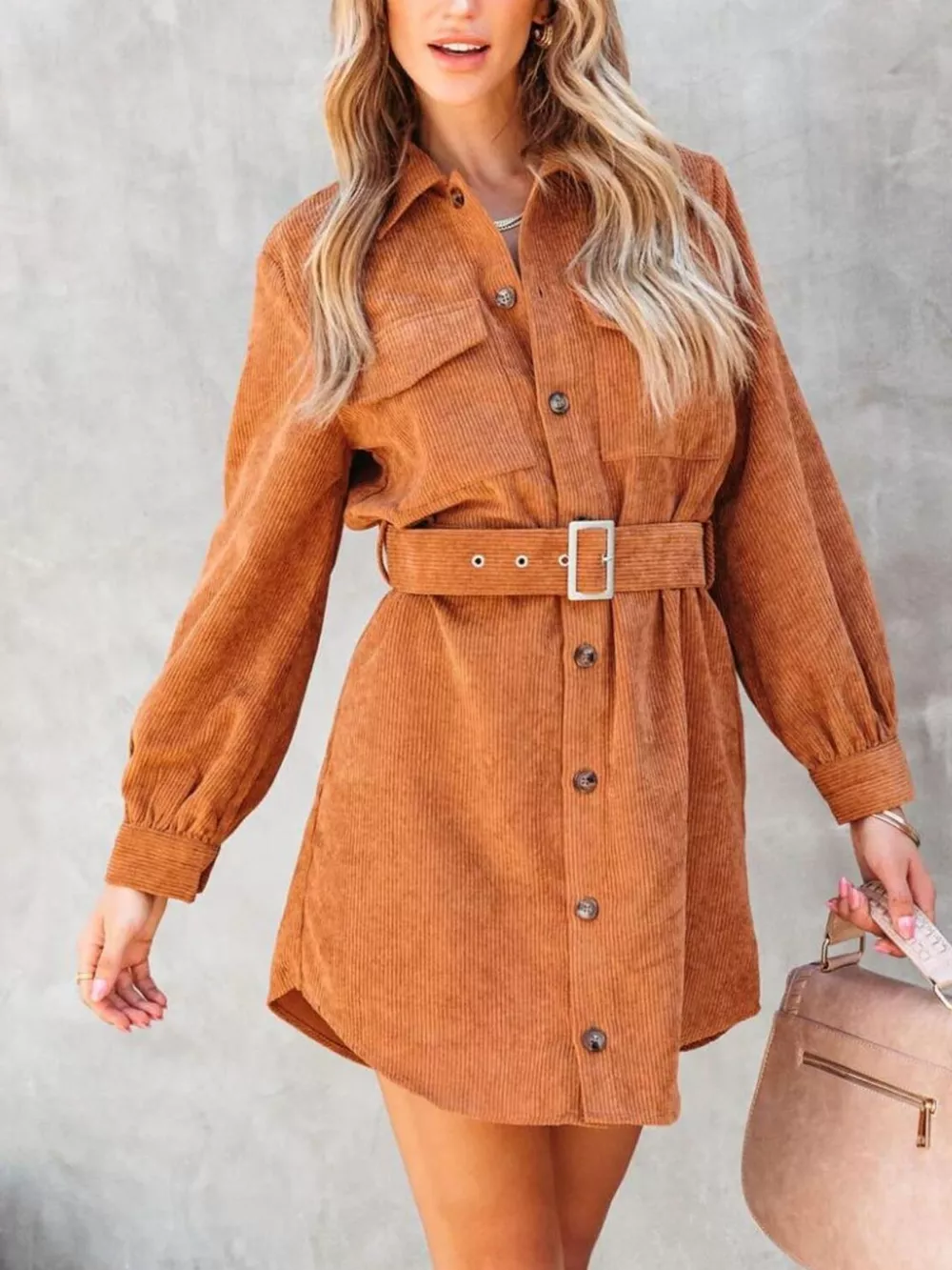 Button Front Belt Long Sleeve Corduroy Dress, image 7