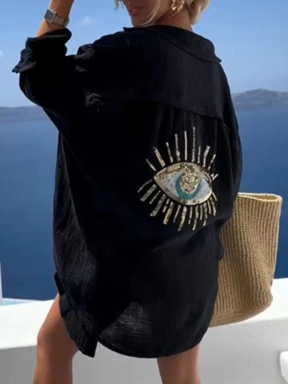 Evil Eye Embroidered Oversized Shirt, image 2