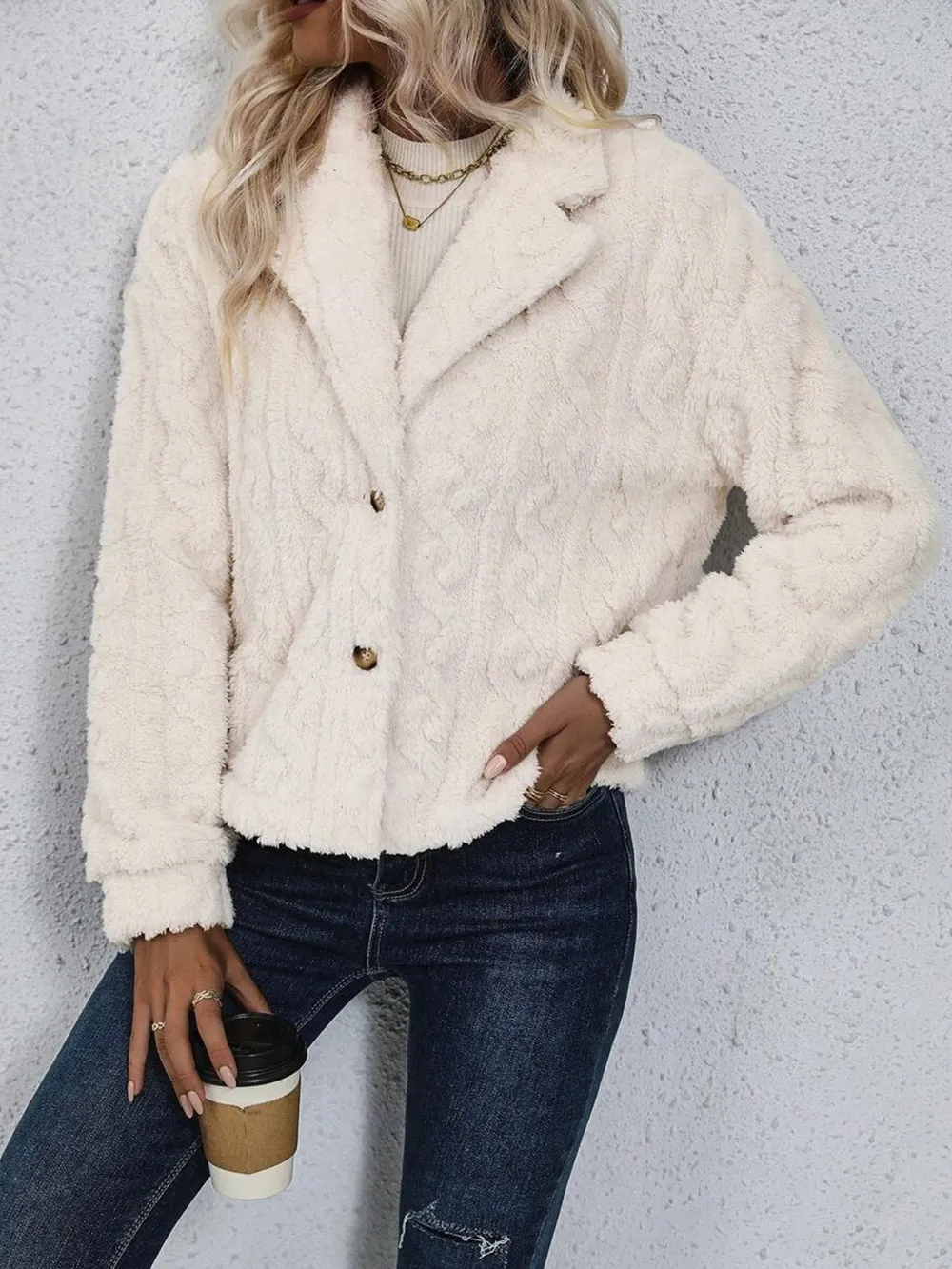 Fuzzy Button Up Collared Neck Jacket, image 4