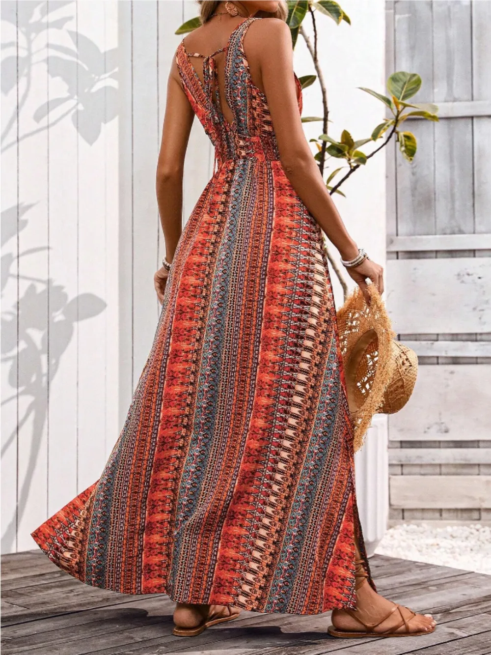Tied Back Printed Sleeveless Maxi Slit Dress, image 4