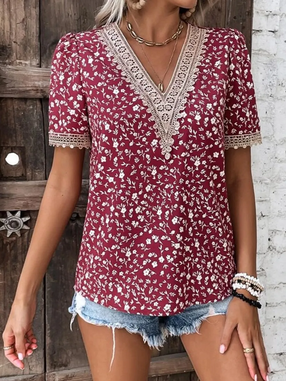Full Size Printed V-Neck Short Sleeve Blouse, image 6