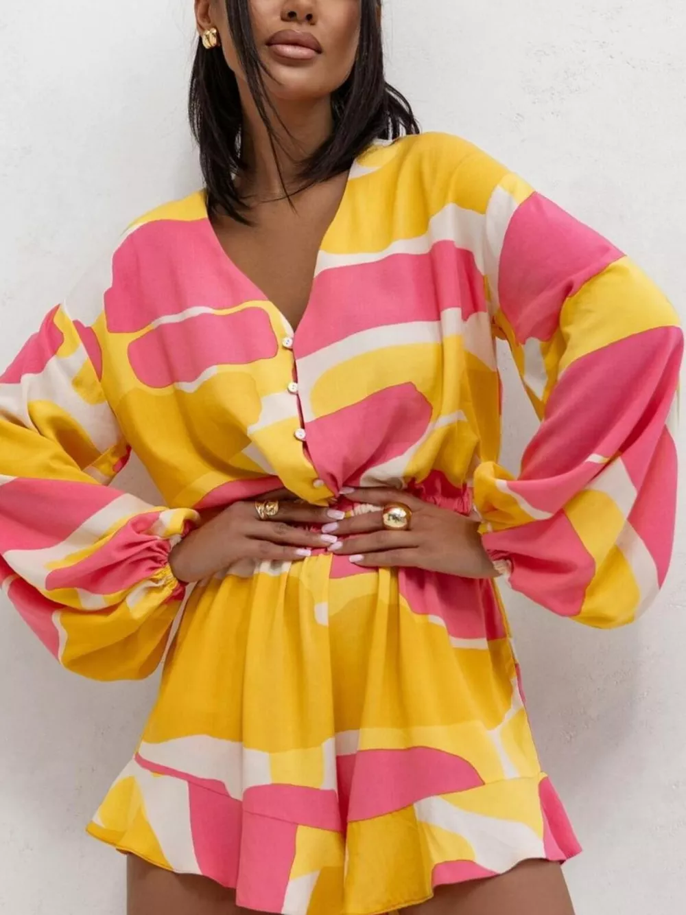 Floral V-Neck Long Sleeve Romper with Elastic Waist, image 7