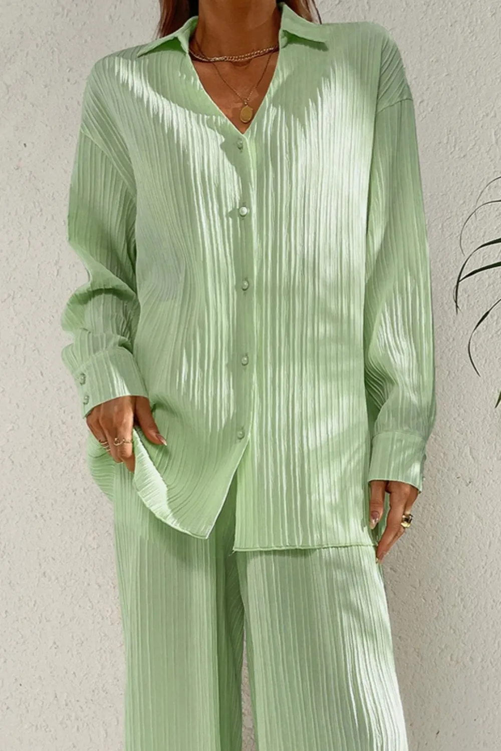 Johnny Collar Button Down Top and Pants Set, image 4