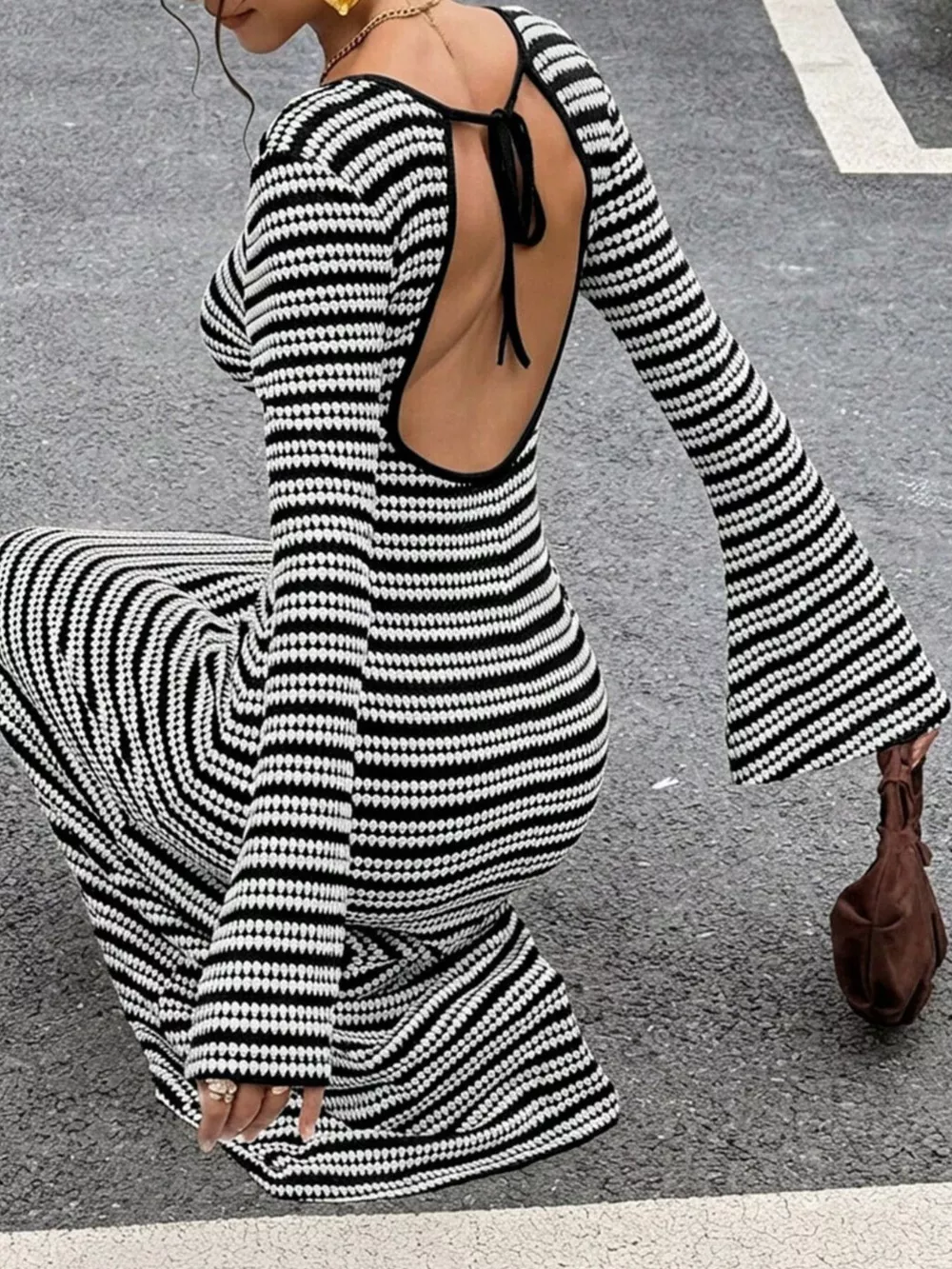 Backless Striped Ribbed Knit Maxi Dress with Flared Sleeves, image 4
