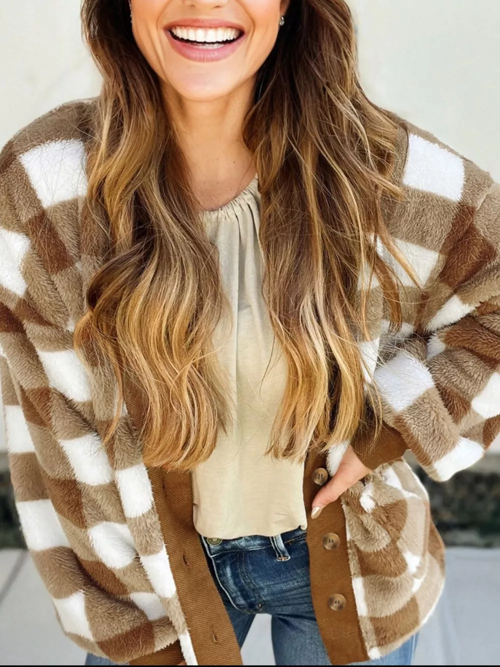 Checkered Sherpa Loose Knit Cardigan with Pockets, image 2