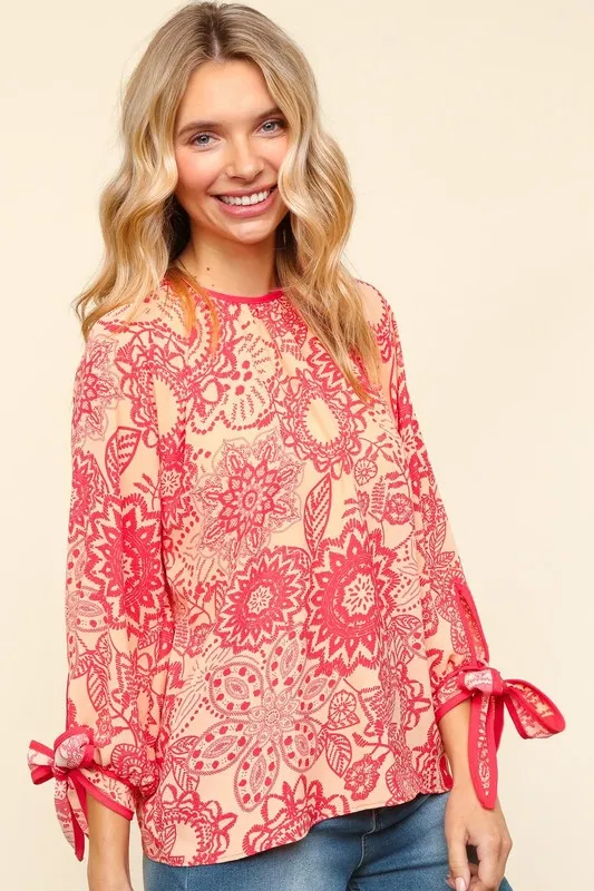 Ribbon Bow Detail Floral Round Neck Blouse, image 5