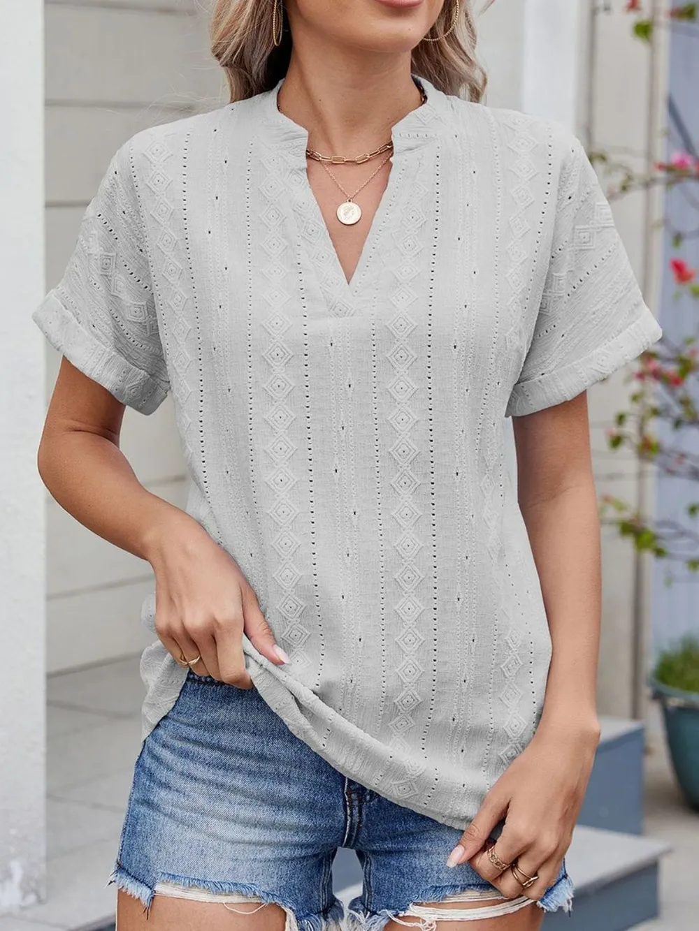 Eyelet Notched Short Sleeve Top, image 18