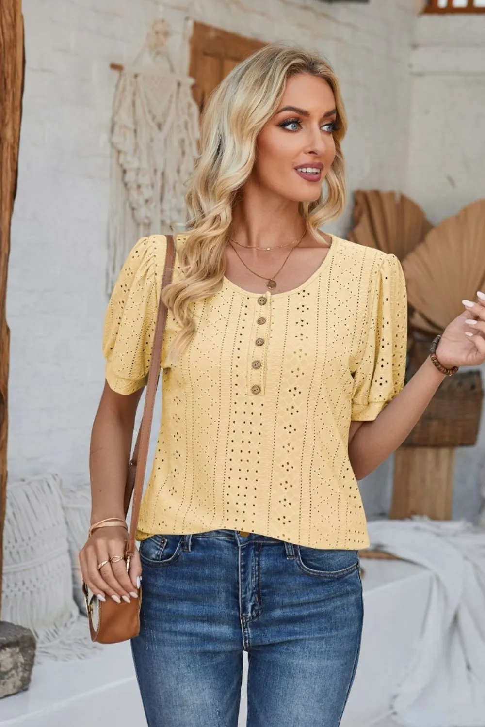 Eyelet Round Neck Short Sleeve Blouse, image 17