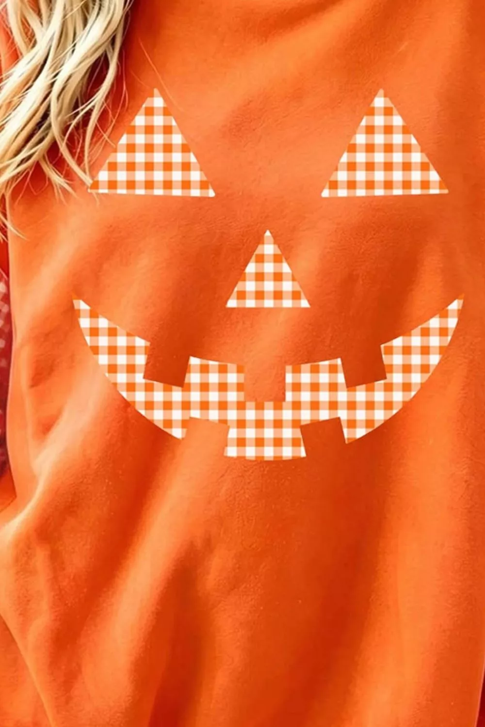 Plaid Sleeve Halloween Pumpkin Face Graphic Sweatshirt, image 3
