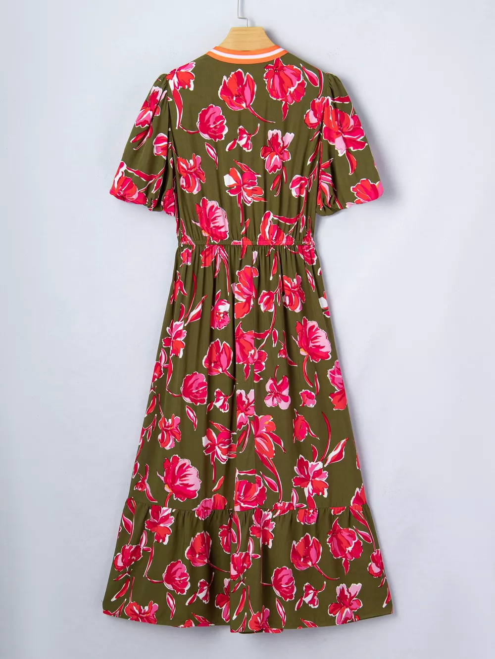 Floral Print Split Neck Short Puff Sleeve Ruffle Hem Dress, image 7