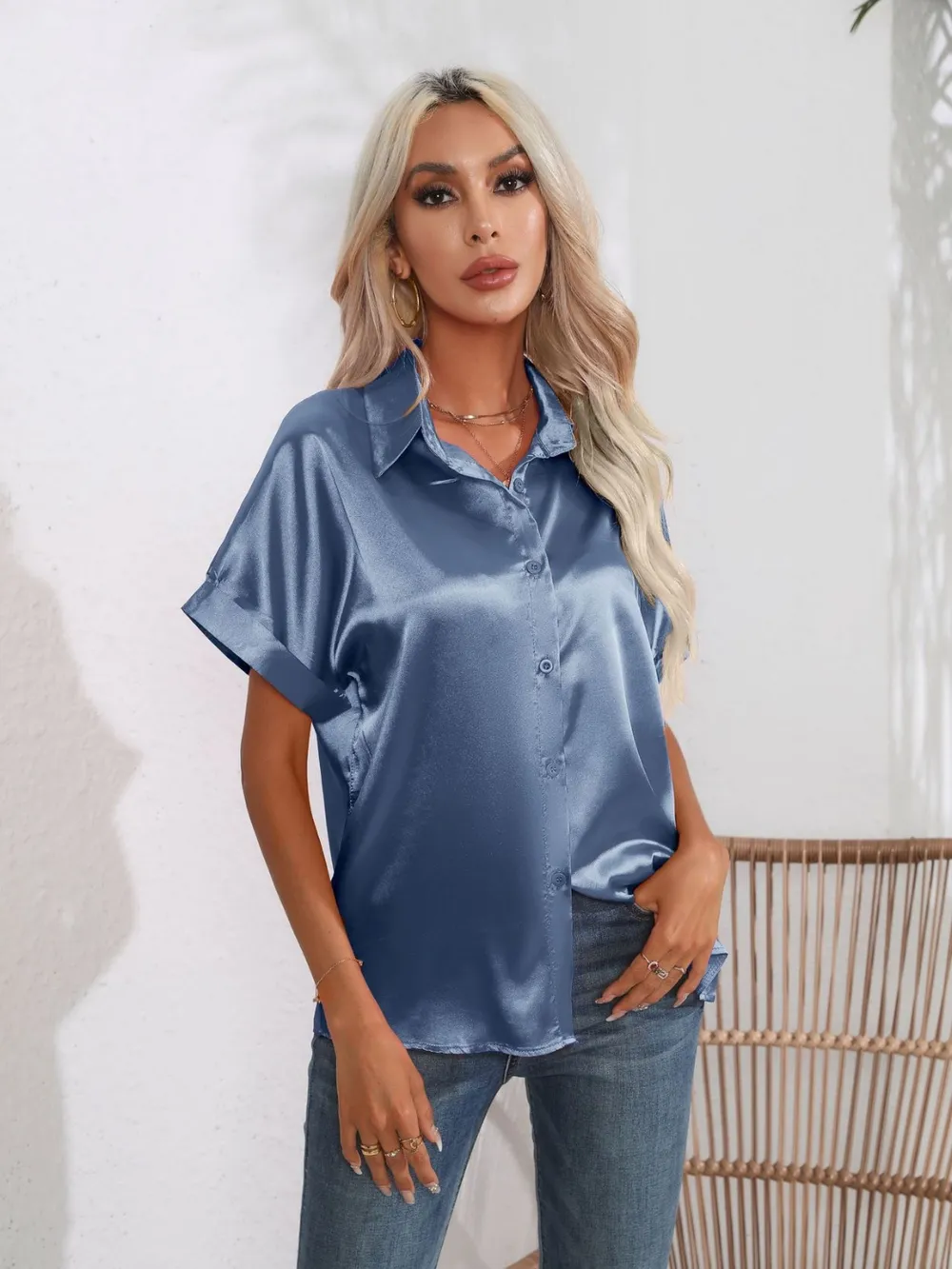 Button Down Collared Neck Short Sleeve Satin Shirt, image 13