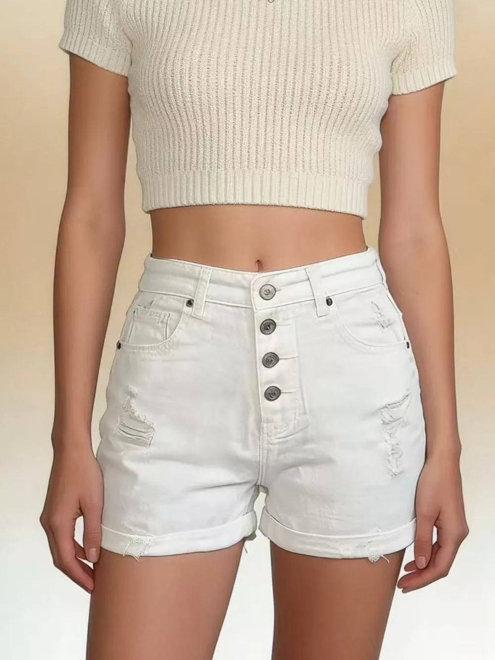 High-Waisted Button-Fly Distressed Denim Shorts, image 4