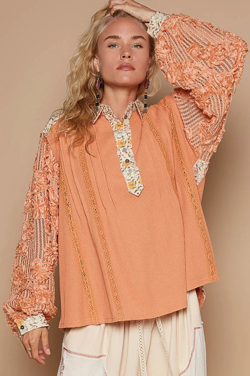 Floral Half Button Lace Detail Long Sleeve Top, image 2