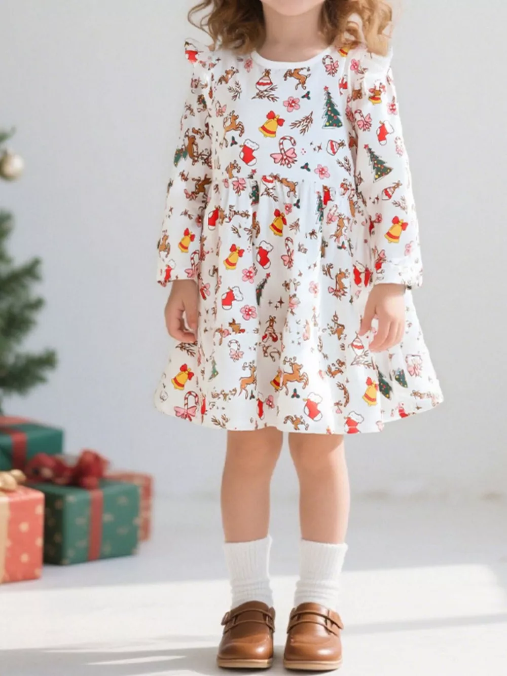 Children's Christmas Print Long Sleeve Dress