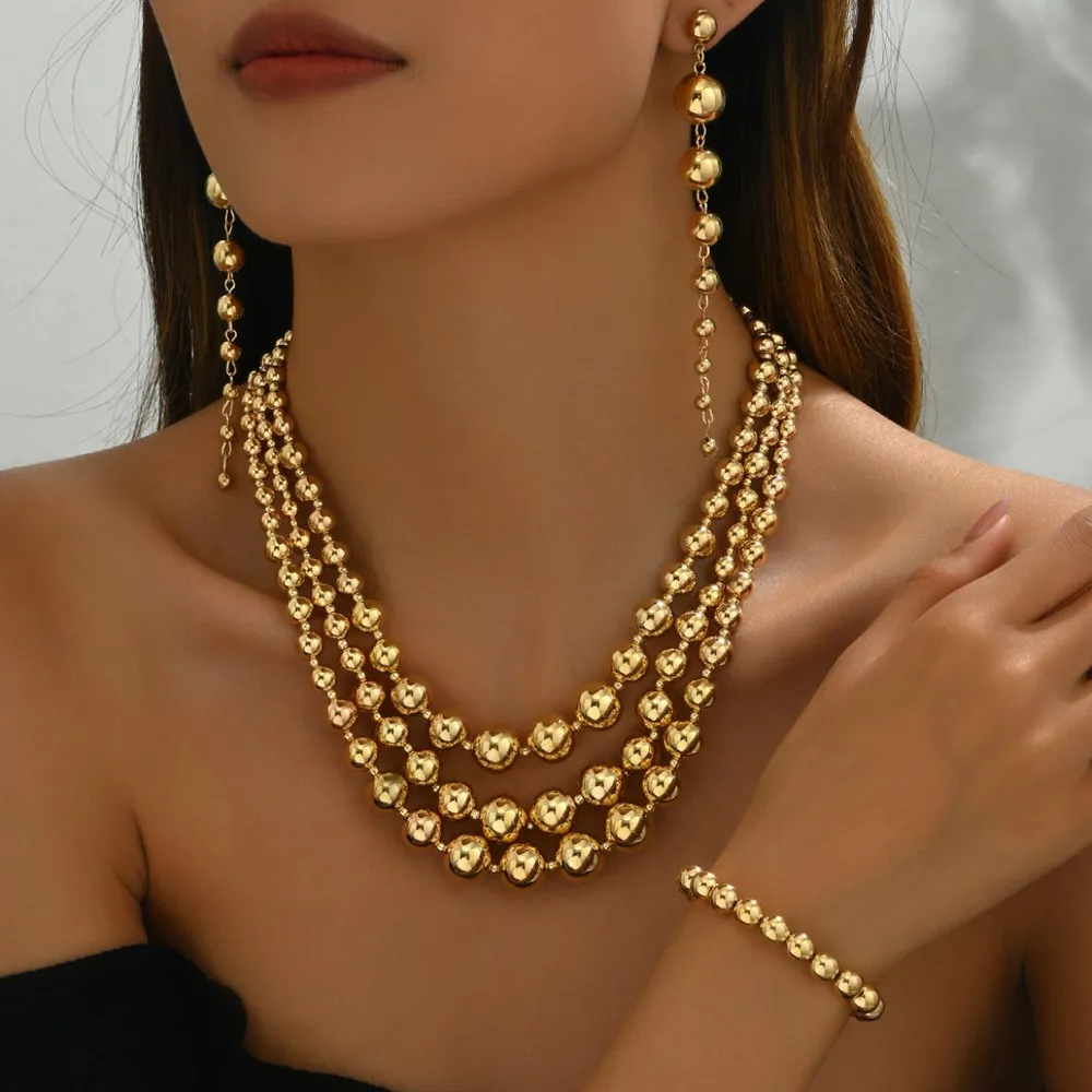18K Stainless Steel Beaded Multi-Layered Necklace Bracelet Earrings Jewelry Set, image 4