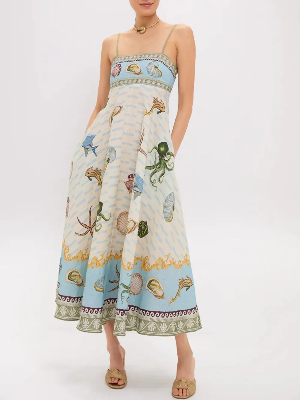 Ocean Print Spaghetti Strap Midi Dress