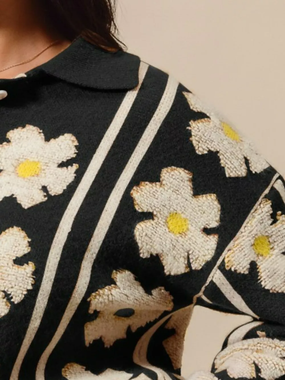 Floral Stripe Polo Collar Sweater, image 2