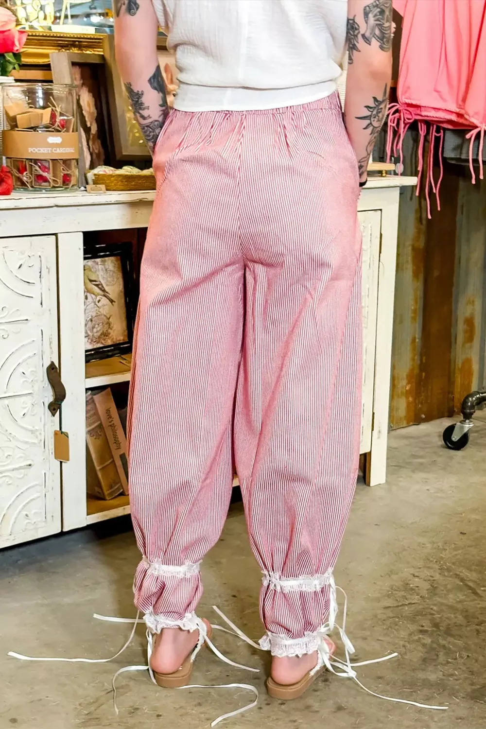Stripe Contrast Lace Ribbon Tie Detail Wide Leg Pants, image 4
