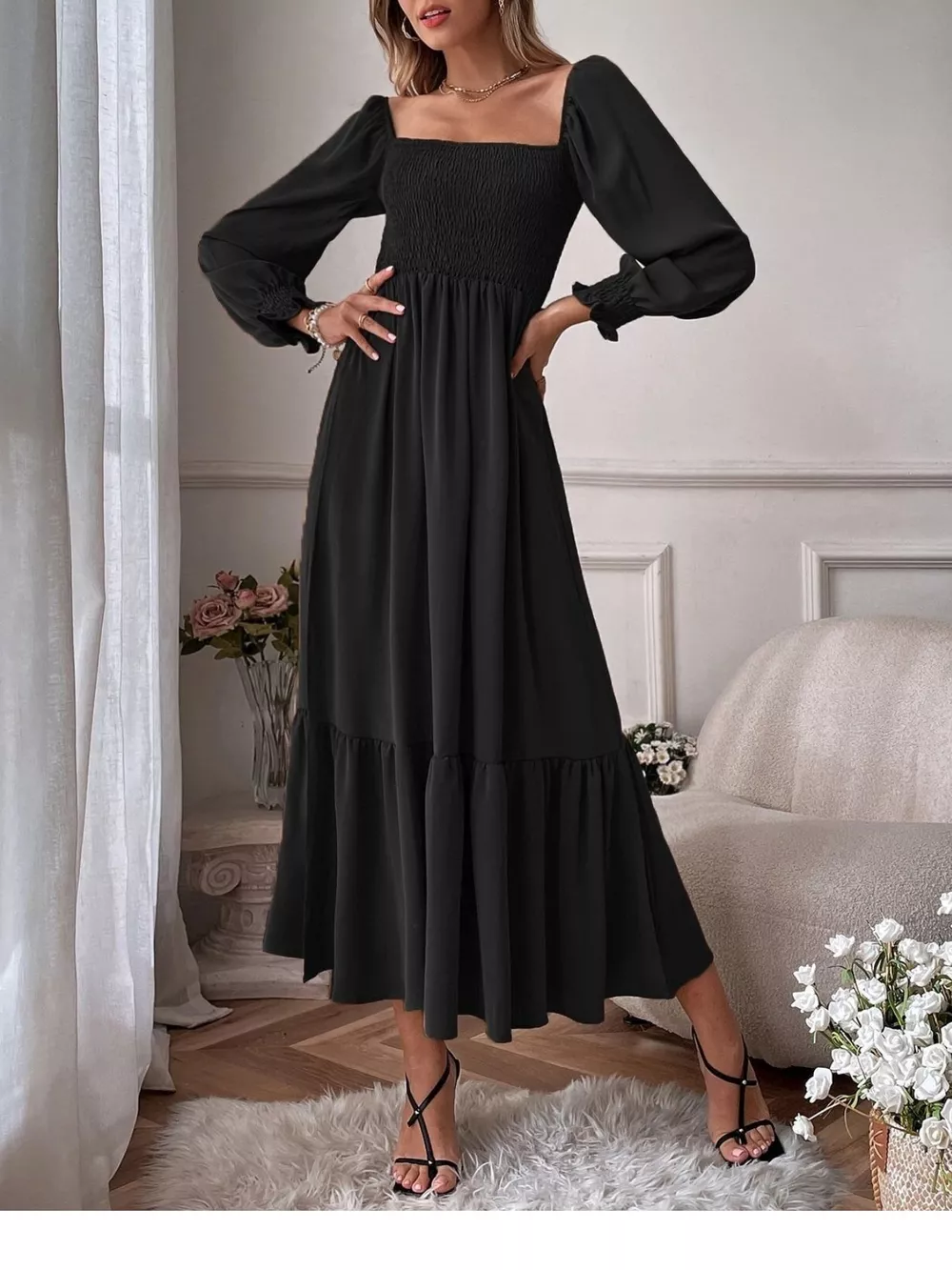 Smocked Long Sleeve Midi Dress, image 2