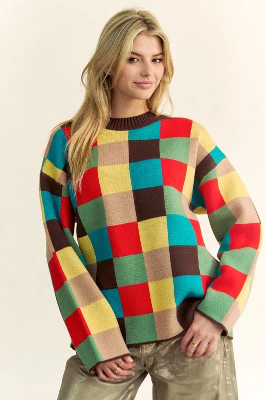 Color Block Checkered Dropped Shoulder Sweater, image 4