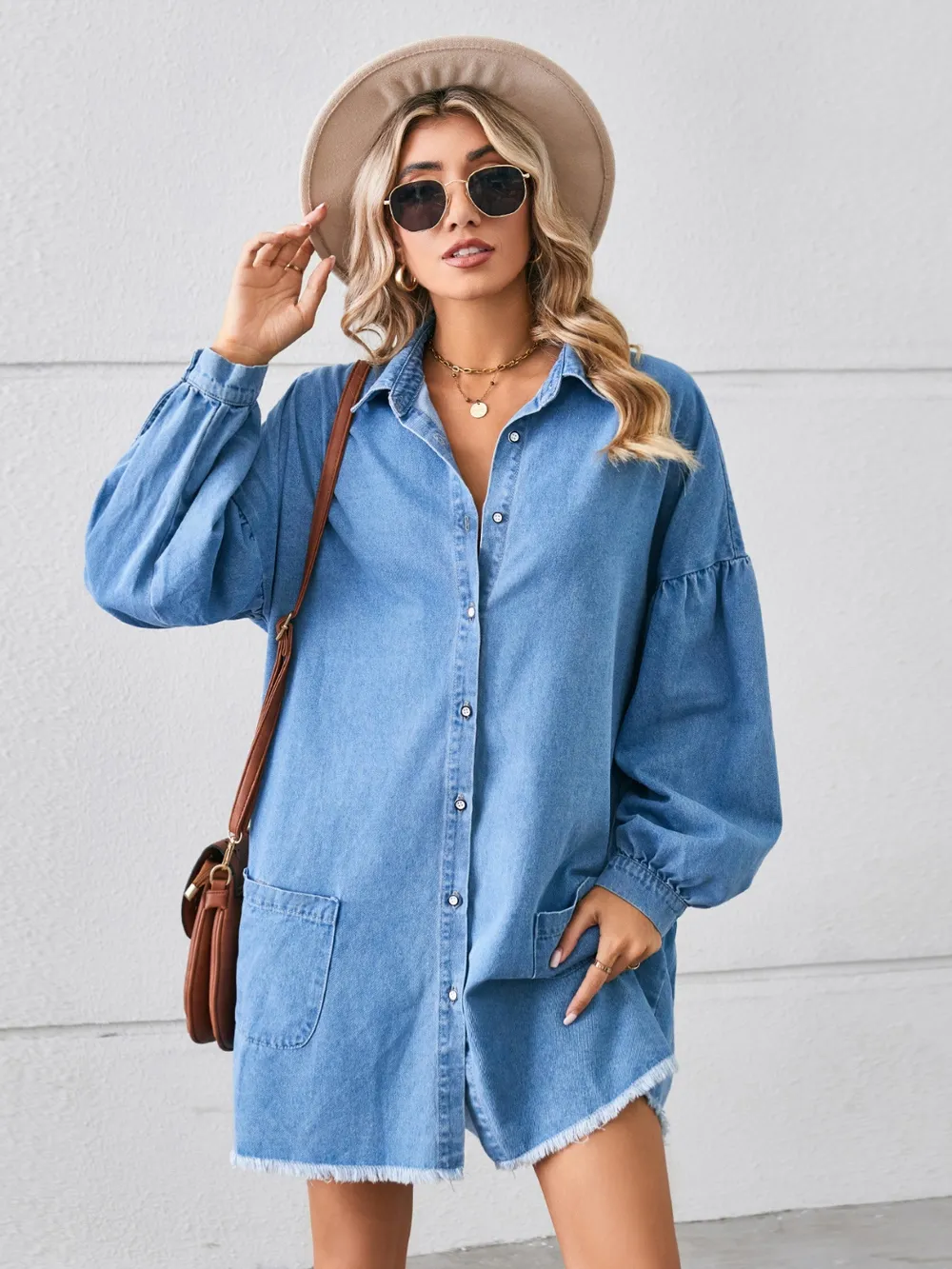 Button Up Pocketed Raw Hem Denim Dress, image 4