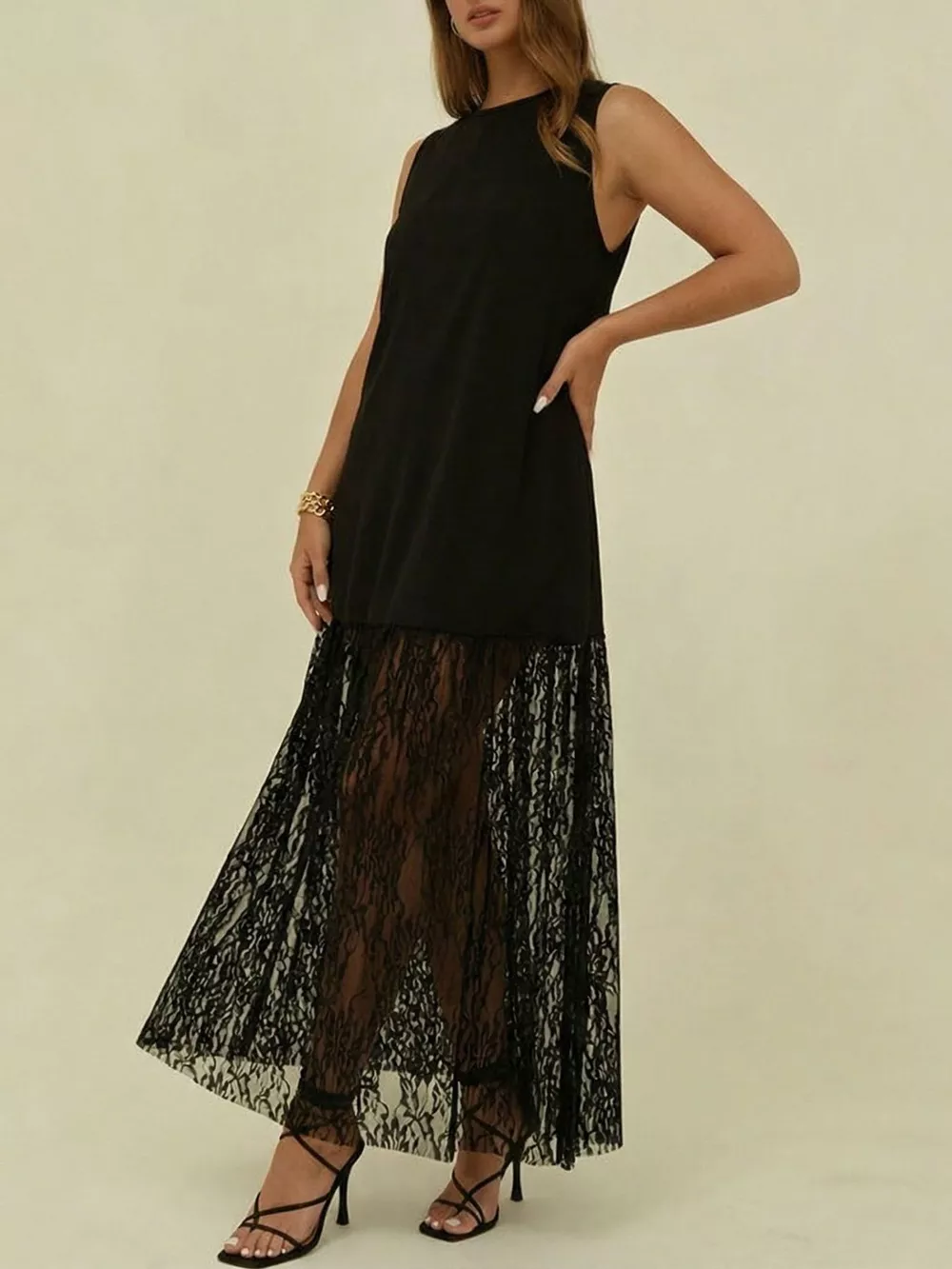 Plus Size Sleeveless Lace Trim Maxi Dress, image 3