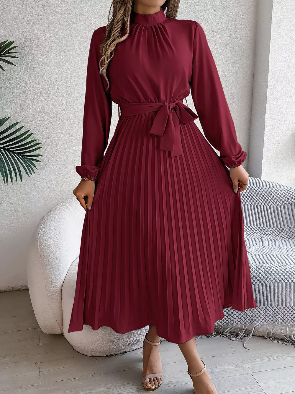 Mock Neck Pleated Midi Dress, image 11