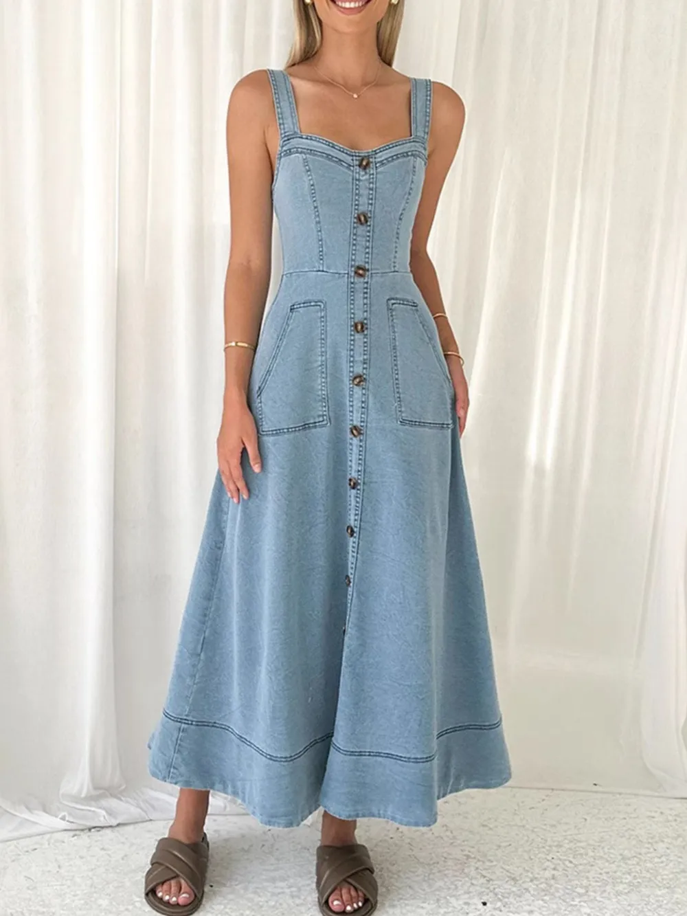 Wide Strap Sweetheart Neck Denim Dress, image 2