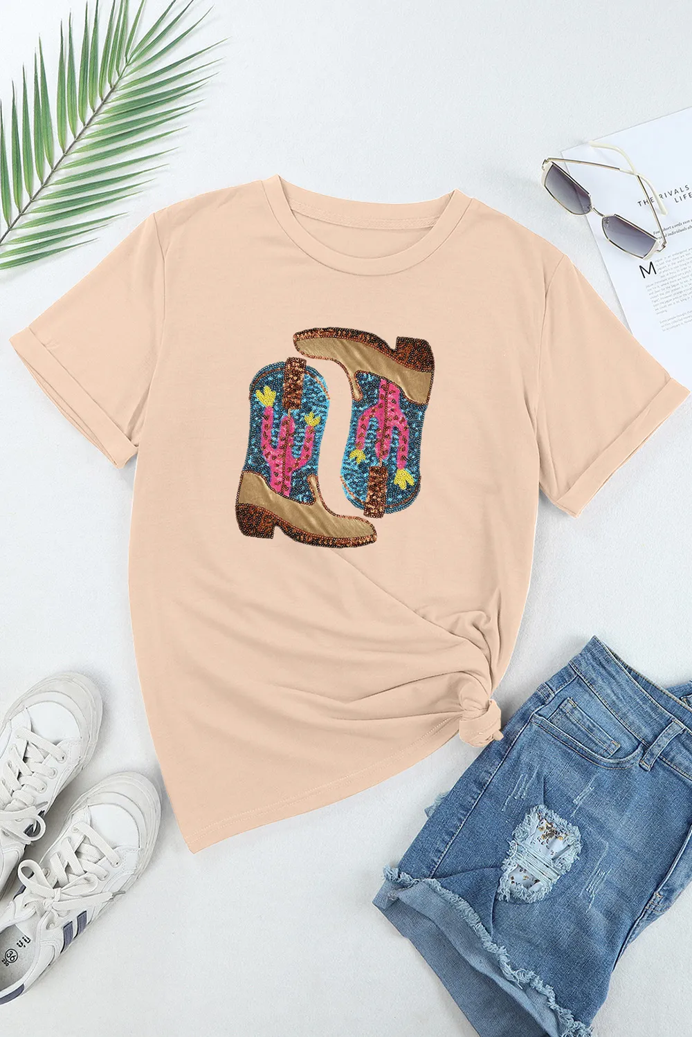 Sequin Round Neck Short Sleeve T-Shirt, image 5