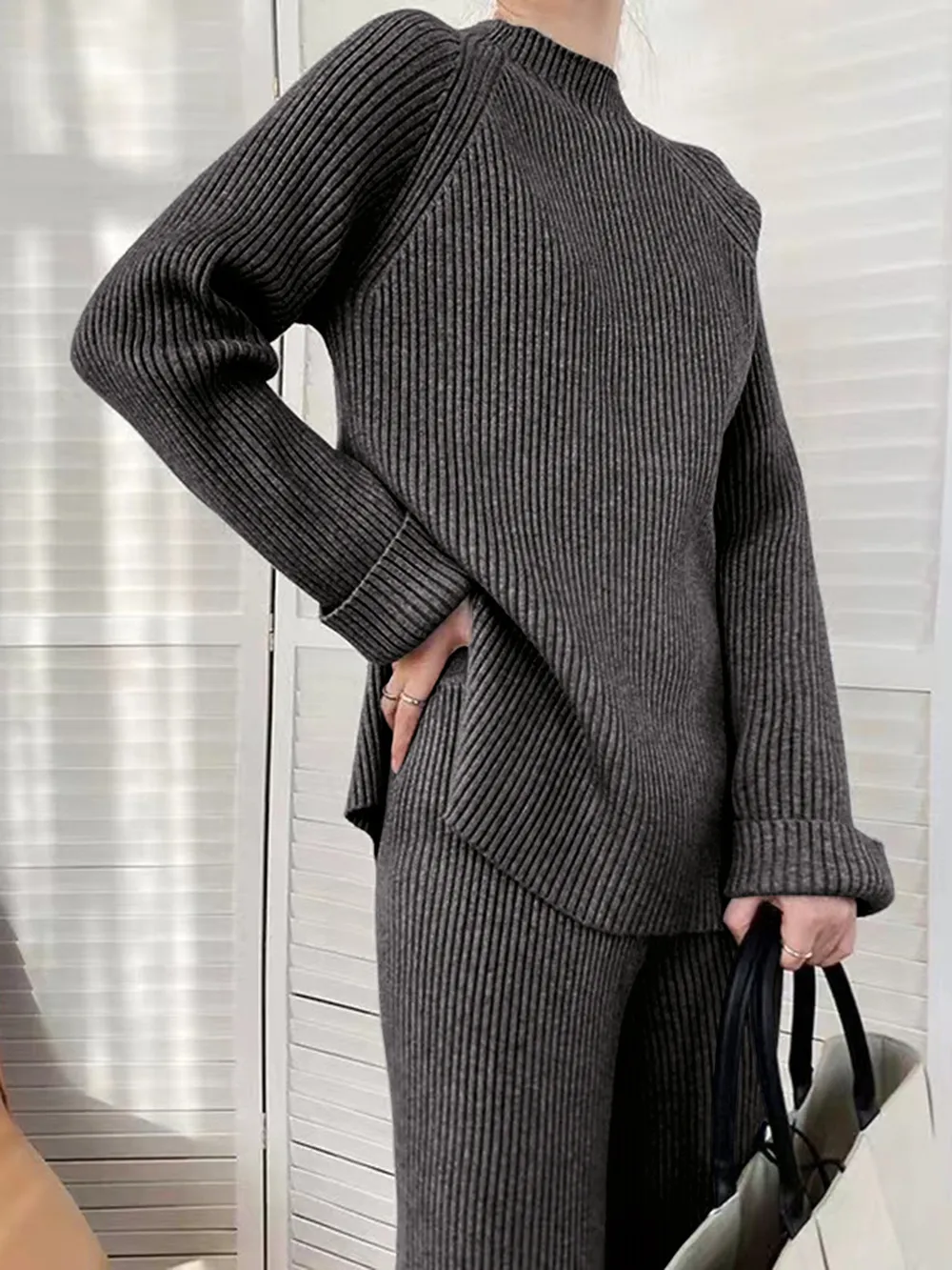 Mock Neck Raglan Sleeve Top and Pants Sweater Set, image 16