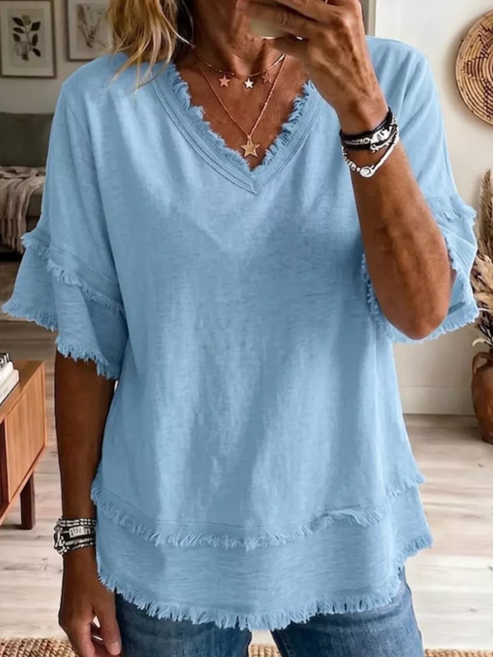 Full Size Frayed Edge V-Neck Blouse Plus Size, image 5