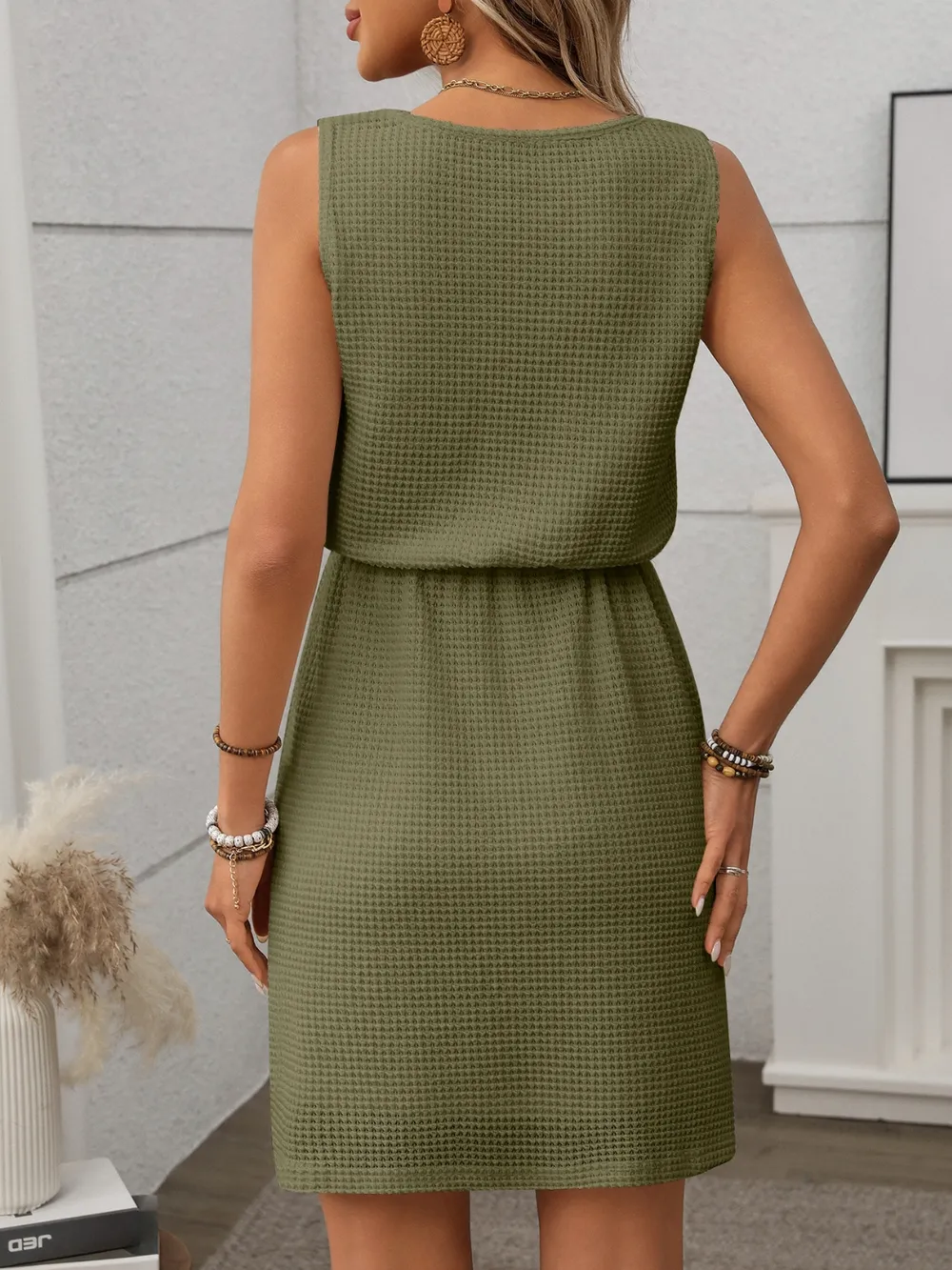 Waffle-Knit Drawstring Mini Tank Dress, image 7